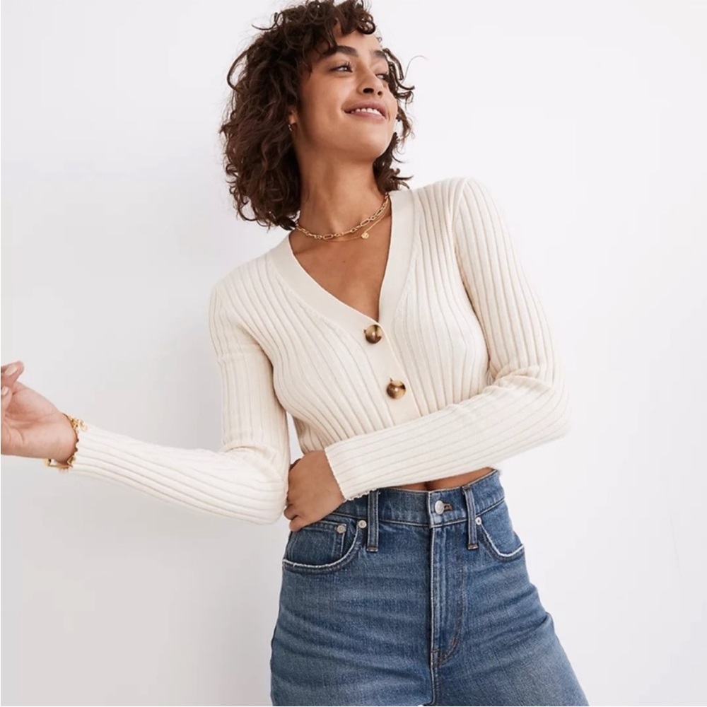 Madewell Brenville Crop Ribbed Cardigan Sweater, cream / ivory, XS